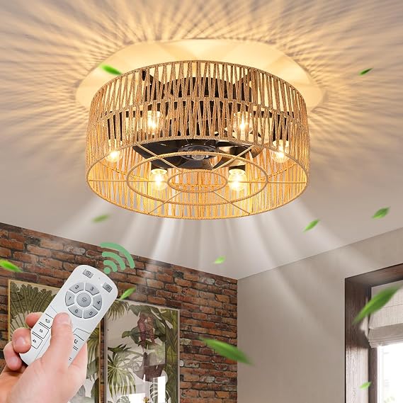 Ganeed Boho Rattan Ceiling Fans with Lights Black 6 Lights | Industrial Style Farmhouse Ceiling Fan 48cm Caged Lamp E27 Flush Mount with Remote Control