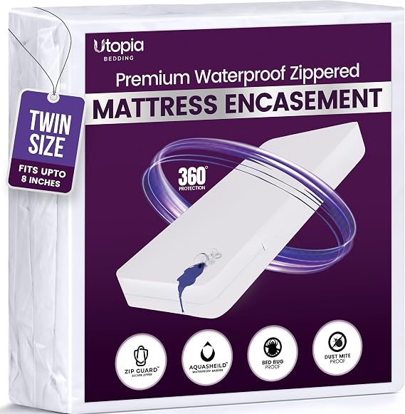 Utopia Bedding Premium Zippered Mattress Encasement (Fits 8 Inches Mattress, Twin) - Waterproof and Bed Bug Proof Mattress Protector - Six-Sided Mattress Cover