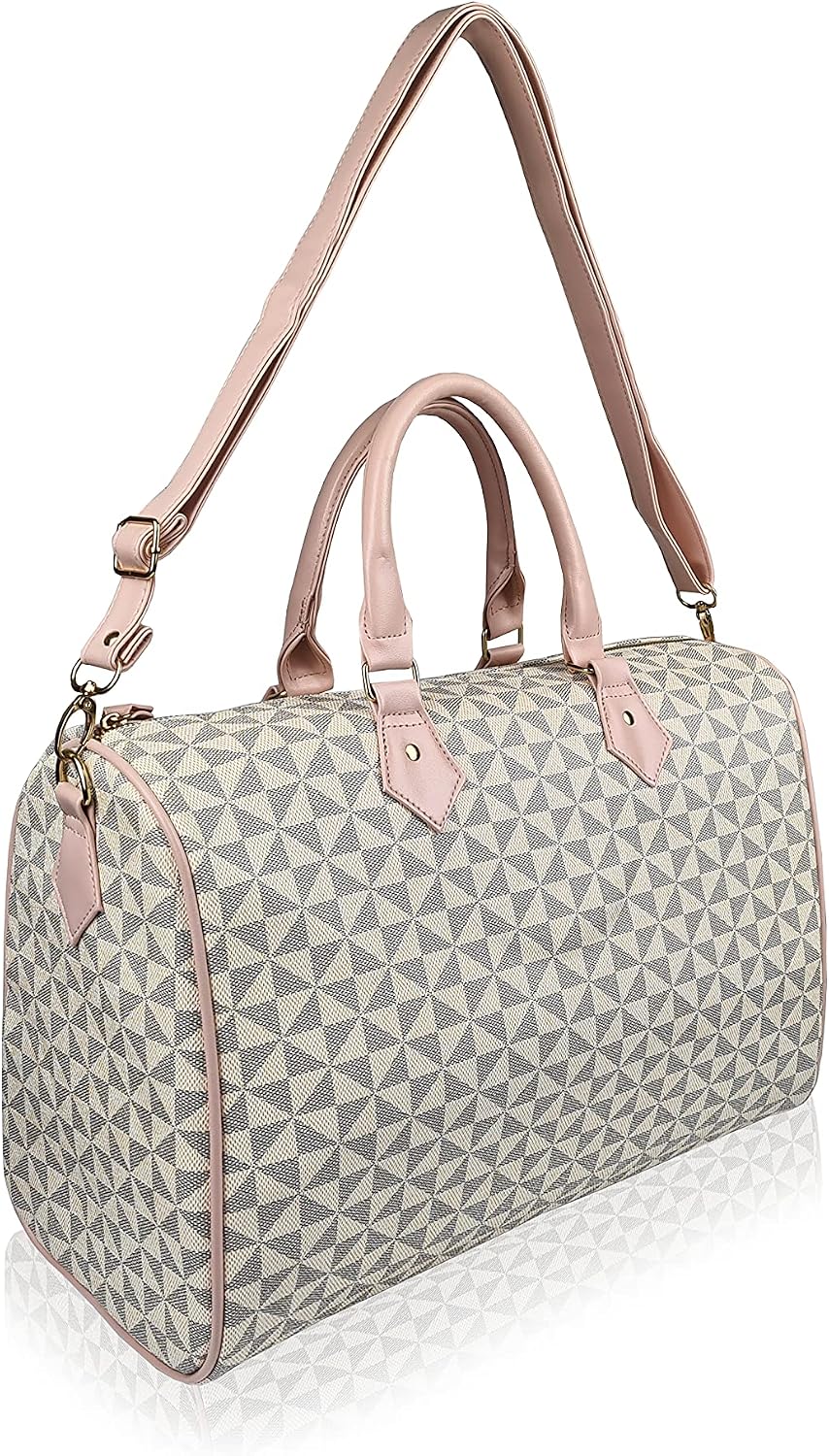 Quenchy London Ladies Travel Holdall Handbag – Pu Leather Women’s Duffle Bag, Gym Weekend Overnight 40cm x27 x19-20 Litre QL317B Beige Pink