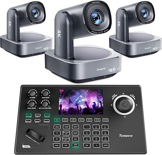Tenveo 4K PTZ Camera and Controller Bundle/Kits - 20X AI Tracking HDMI/USB3.0/LAN(PoE) 4K NDI PTZ Camera(3PCS) and 5'' LCD Screen NDI Joystick Controller for Church Service Events Live Streaming