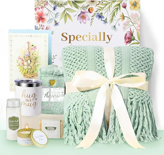 Birthday Pamper Gifts Get Well Soon Set W/Luxury Blanket for Women Care Package,Mothers Day Gift Basket for Mom Her Wife Friend Bestie (Green)