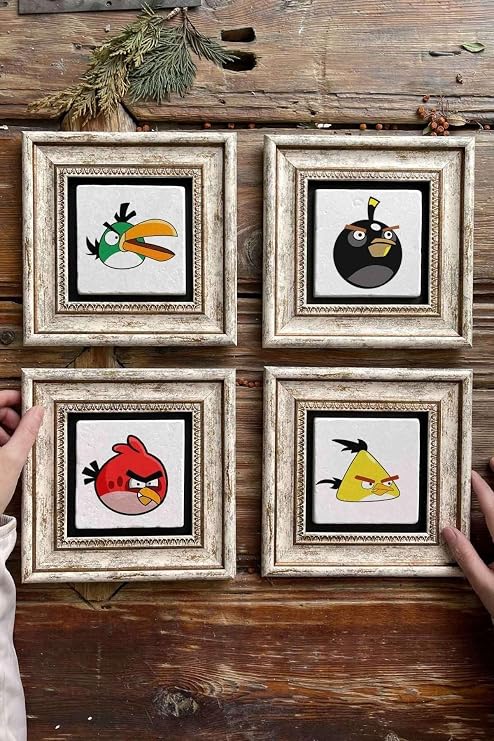 Oscar Stone Decor Çerçeveli Taş Tablo Duvar Dekoru 20X20Cm 4'Lü Set Angry Birds 4-4Cdd-309
