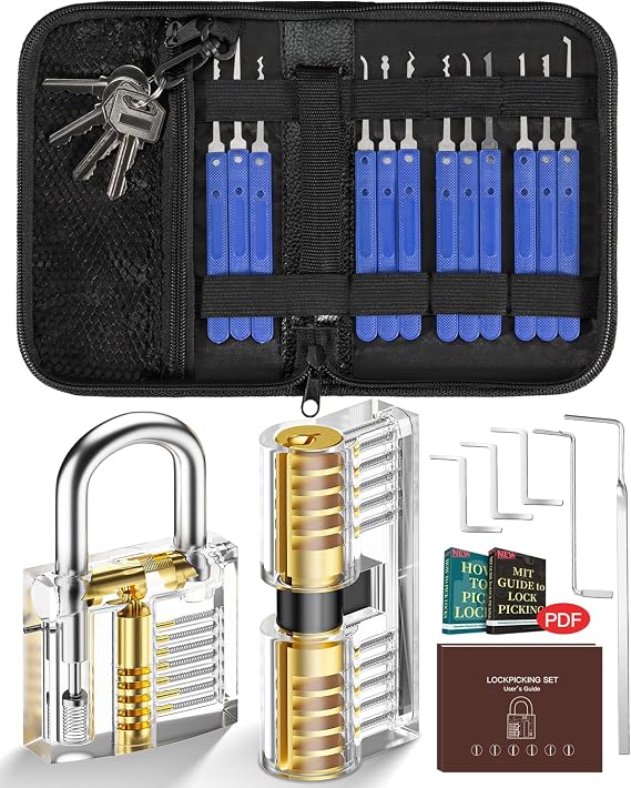 IPSXP Pick Set 25 Pieces with 2 Transparent Locks Training in Portable Leather Bag, Lock Pick Removal Set for Beginners and Professional Locksmiths