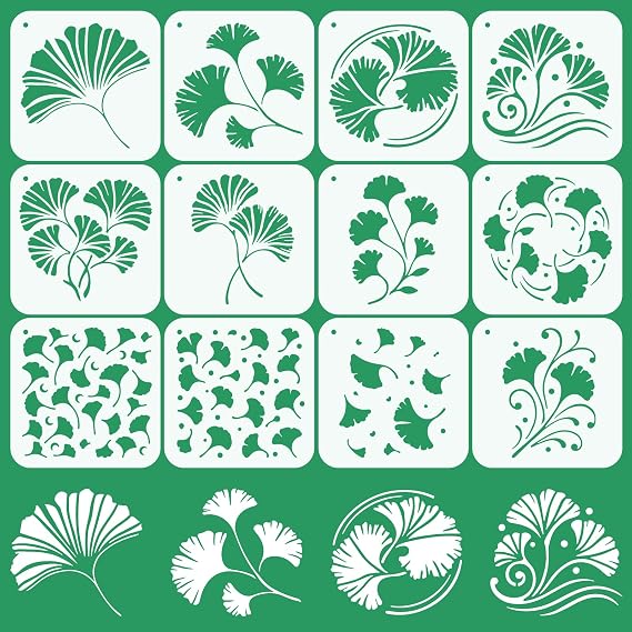 イチョウ葉ステンシル 12個 絵画用 再利用可能な絵画ステンシル 秋の植物アートテンプレート 壁 キャンバス 家具 ファブリック Diyクラフト装飾用