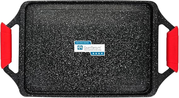 briebe Black Titanium Induction Roasting Griddle, Non-stick Titanium, Cast Aluminum, Roasting Tray 43 x 25 cm, PFOA-free Coating, Silicone Handles, Hob Ceramic, Gas, Oven