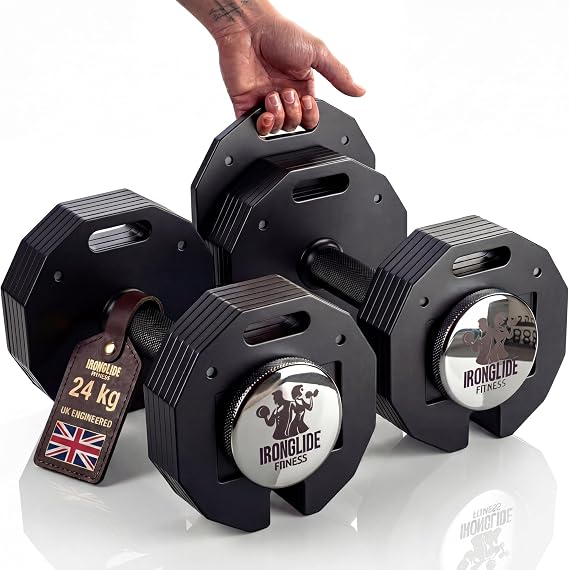 IRONGLIDE Adjustable Dumbbells Set, Quick-Glide Dumbbell System, Home Gym Weights, Fitness, Premium Solid Steel, 4-57 kg x2 (PAIR)