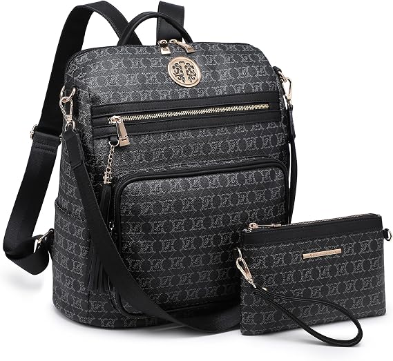 MKP COLLECTION Women Fashion Backpack Purse Convertible Large Ladies Rucksack Travel Shoulder Bags Handbag Set 2pcs w/Tassel, Black-1, Rucksack Backpacks