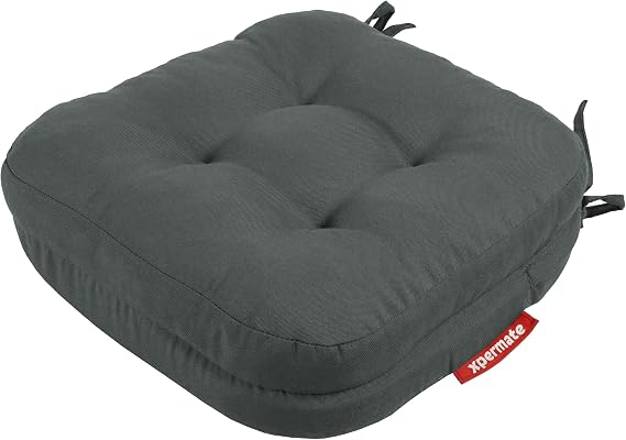 XPERMATE Çift Kat Sandalye Minderi Fermuarlı Yıkanabilir Kılıf Bağcıklı Su ve Yağ İtici 42x42x8 cm (ANTRASİT)