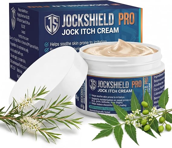 JockShield Pro Jock Itch Cream 50g – Soothing Non‑Greasy Cream with Neem Oil & Tea Tree – Helps Relieve Itchy, Chafed Skin in Groin, Inner Thighs & Sweat‑Prone Areas