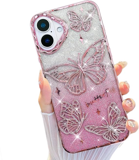 iPhone 16用グリッターケース、かわいい3Dバタフライケースラグジュアリーキラキラ輝くメッキ、アンチスクラッチソフトTPUスリムフィット耐衝撃保護フォンケース レディース ガールズ ピンク
