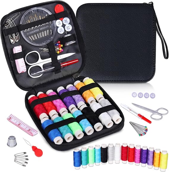 Sewing Kit, Travel Basic Sewing Set with Leather Case 14 Threads and Needles kit Accessories for Adults, DIY,Home, Travel & Emergency Compact Small Black