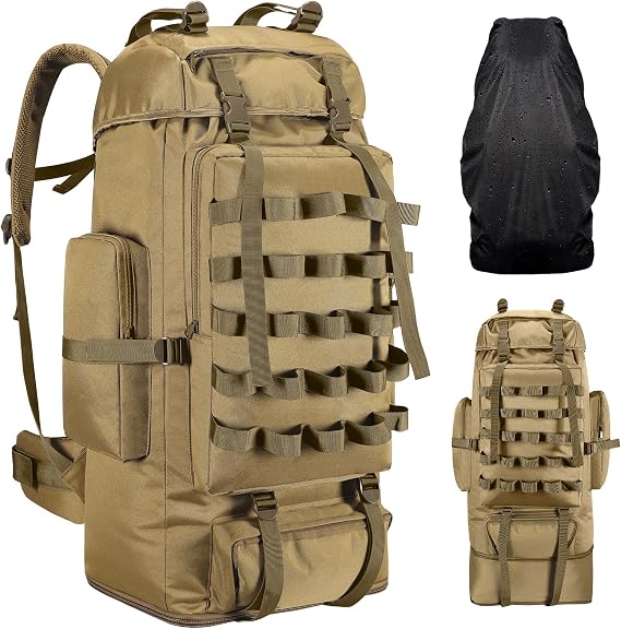 70L/100L Camping Hiking Backpack with Rain Cover, Expandable Large Military Tactical Backpack, Waterproof Molle Rucksack Travel Backpacking Daypack for Climbing Trekking (Khaki)