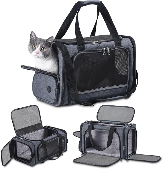 Cat Carrier Pet Travel Carrier by Airplane Approved Under seat, TSA Airline Approved Soft-Sided Carrier Bag for cat,Dogs,17.5 x 8.5 x 11 inches,Grey