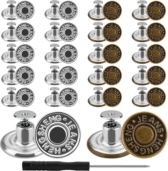 40 x Replacement Trouser Buttons 17 mm Adjustable Unstitched with Screwdriver Metal Trouser Button for Repairing Jeans