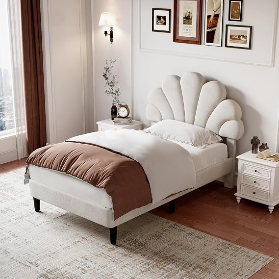 Merax 3ft Single Upholstered Bed Frame, Velvet Petal Headboard, Adjustable, Solid Wood Slats, No Box Spring Needed, Easy Assembly, Beige - without Matress