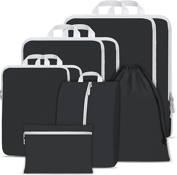 Compression Packing Cubes for Suitcases,Suitcase Organiser Bags,Travel Packing Cubes Compression Set for Backpack,Packing Organisers,Waterproof Travel Organiser Packing Bags (9 pcs, Black)