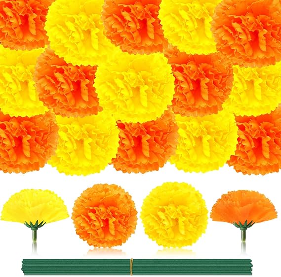 JUNEBRUSHS 30 Pcs Marigold Flower Heads Bulk, Mexican Orange Yellow Artificial Marigold Flowers for Day of The Dead Decorations DIY Wreath Garland Craft Diwali Dia De Los Muertos Halloween Home Decor