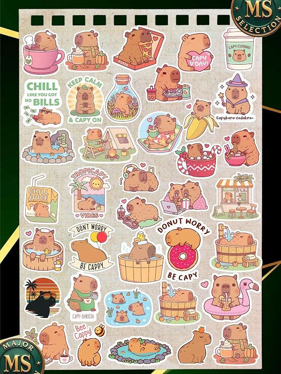 Capybara Sticker Seti 35’li – A5 2 Sayfa Suya Dayanıklı Laptop Telefon Etiket
