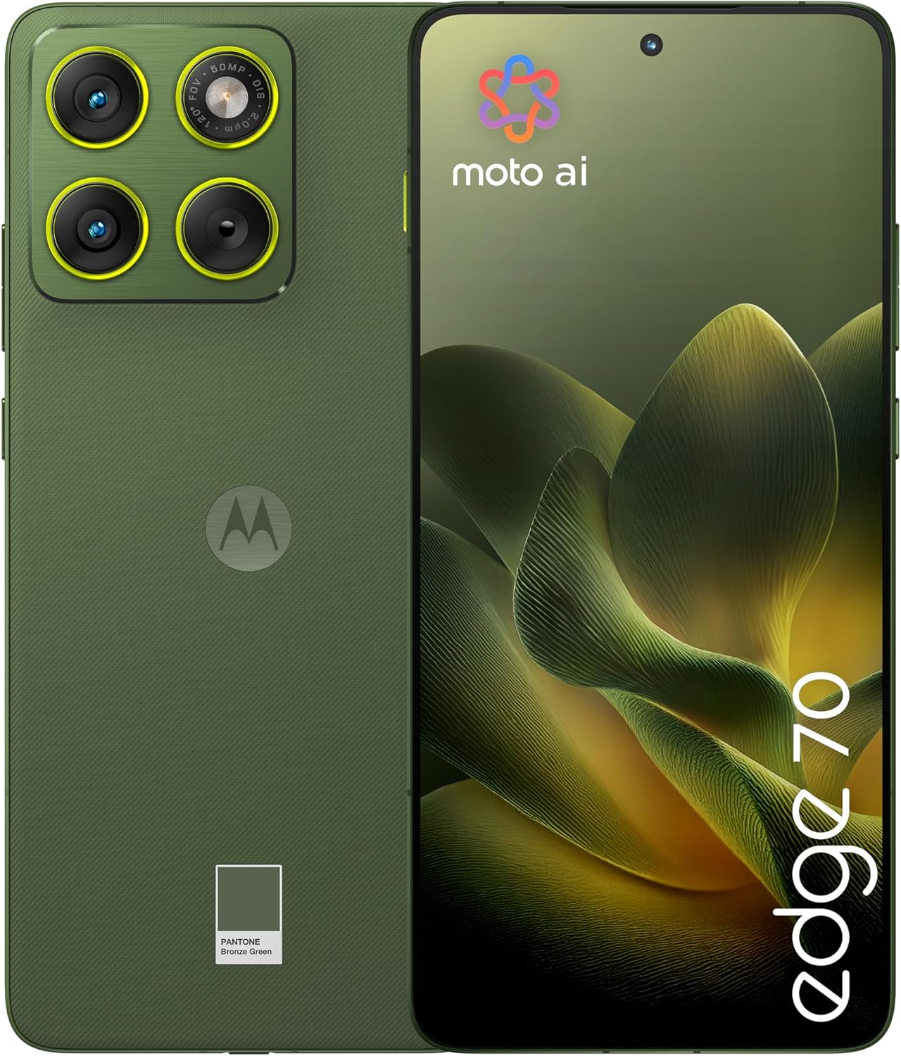 Motorola edge 70 PANTONE Bronze Green 6.67" 1.5K Super HD display · 5.99 mm ultrathin design · 4800 mAh silicon-carbon battery · triple 50 MP AI camera · Snapdragon 7 Gen 4 with Co2 offset