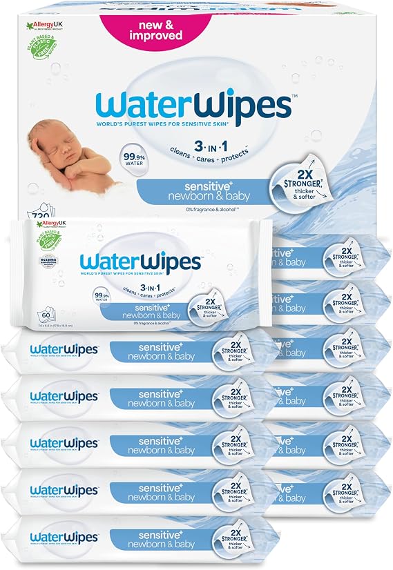 WaterWipes Sensitive+ Newborn & Baby Wipes, 720 Count (Pack of 12), 3-in-1
