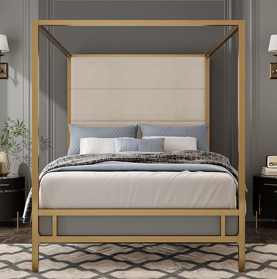Black Canopy Bed Frame Queen with 76.5" Tall Upholstered Headboard, 4-Poster Metal Platform Bed Frame Queen Size, Mattress Foundation/Under-Bed Storage Space/Box Spring Needed (Gold, Queen)