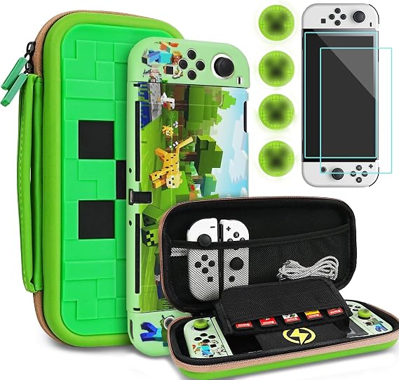 TIKOdirect Carrying Case Accessories for Switch OLED,Portable Travel Case with Soft Protective Case, Screen Protectors and Thumb Grip caps, Green