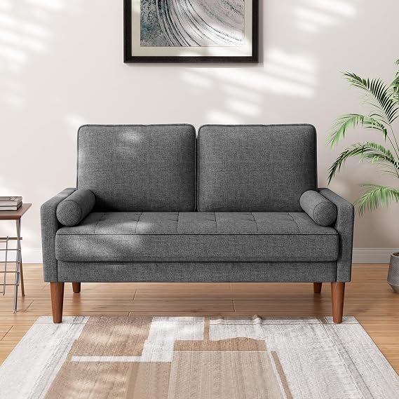 Vesgantti Linen Sofa With Spring Cushion - Small 2 Seater for Living Room, Bedroom, Office - Comfy Couch With Armrests - Modern Love Seat in Dark Grey