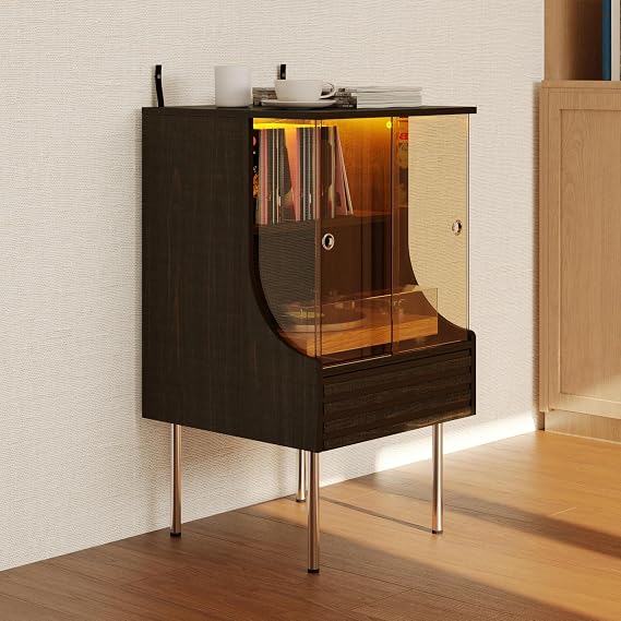 Walnut Record Player Stand with Vinyl Storage & Glass Doors