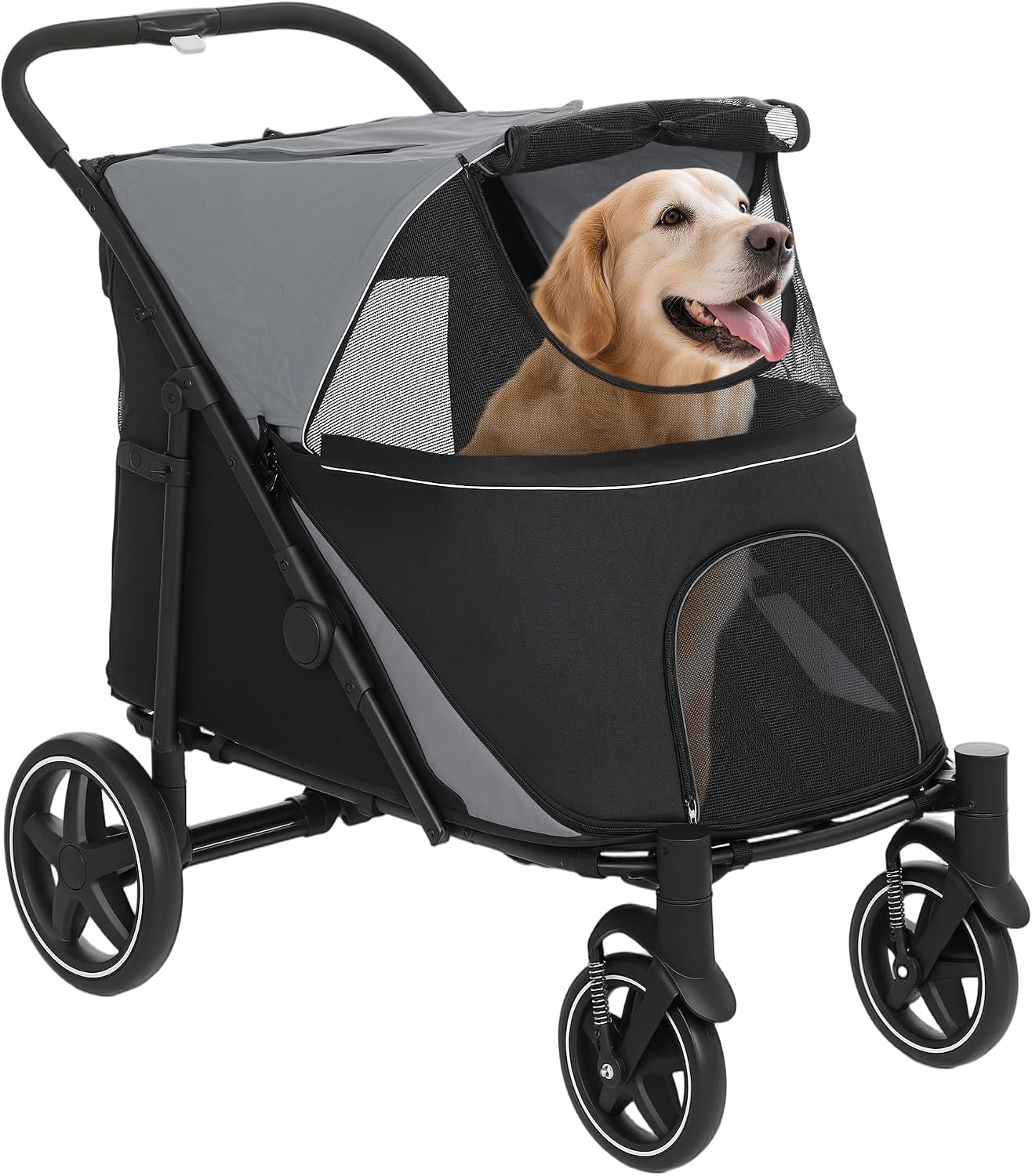PawHut Dog Stroller, Foldable Pet Pram Dog Pushchair Buggy with Adjustable Canopy for Medium and Large Breeds, Black