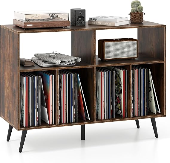 COSTWAY Record Player Stand, Vinyl Record Storage Cabinet (Rustic Brown)