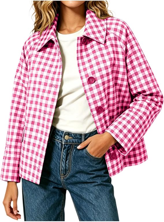 Womens Classic Check Plaid Shacket UK Lapel Collar Warm Jackets