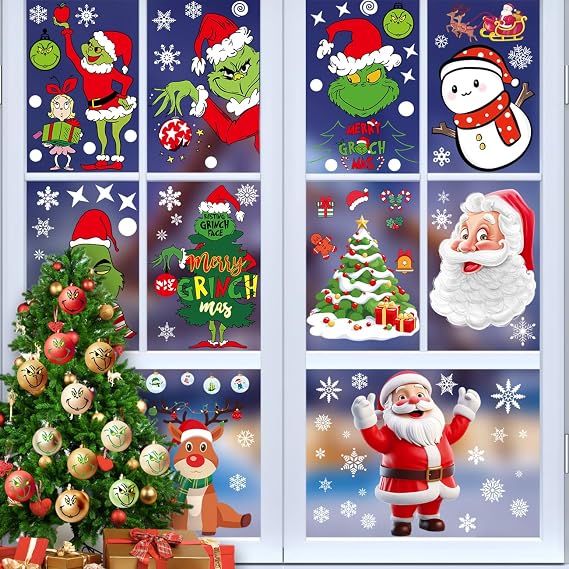 Wohohoho 11 Sheets Christmas Decorations Window Clings. 140Pcs Xmas Window Decals for Glass with Windows Christmas Elf Faces, Tree, Snowman, Snowflake, Santa Claus, Reindeer for Winter Holiday Party