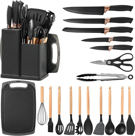 Vortix 19 Pieces Silicone Kitchen Utensils Set, Kitchen Knife Set with Stand, Silicone Spoon with Wooden Handle, Heat Resistant Non-Stick