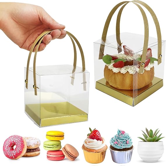 10Pcs Clear Cake Boxes, 10x10x10cm Small Transparent Cupcake Boxes Party Favour Boxes Gift Packaging Boxes with Handle and Base for Wedding Birthday Party Baby Shower