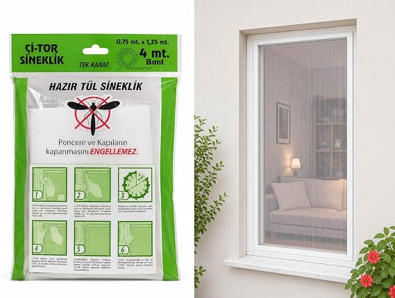 Pratik Sineklik Hazır Tül Sineklik Tek Kanat 75 cm x 125 cm, Kapı ve Pencere Uyumlu Pimapen için Böcek Ve Sinek Engelleyici Tül, 4 metre Yapıştırma Bantlı