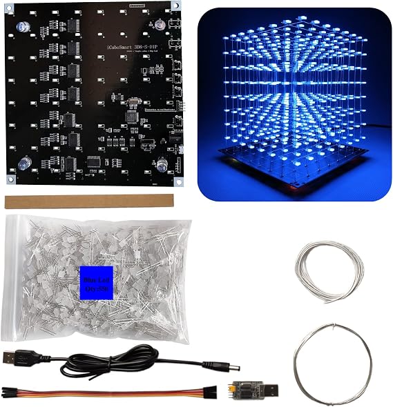 iCubeSmart 3D8S-BLUE 8x8x8 LED Cube DIY Electronic Kit, Led Cube Soldering Practice, Hobby Electronics Craft Kit