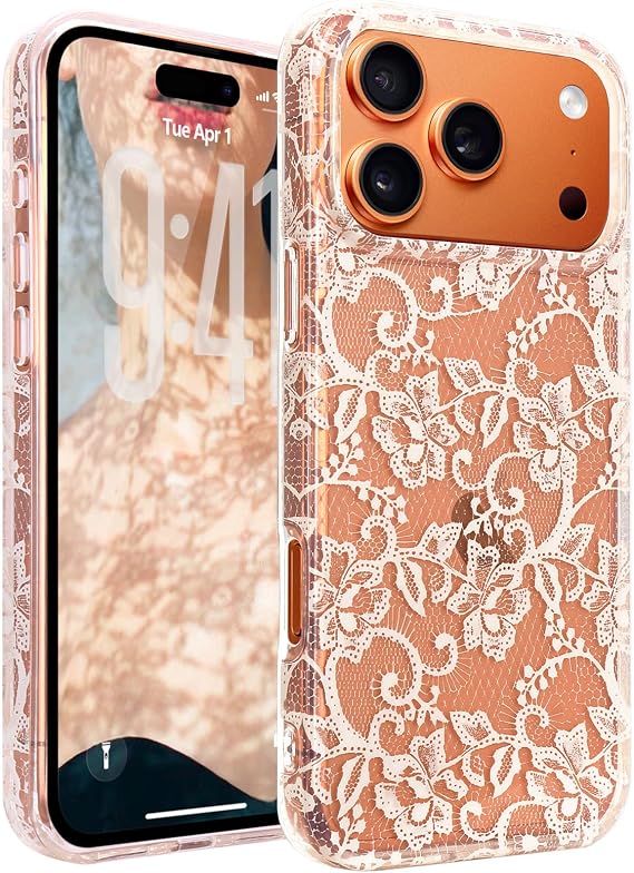 for iPhone 17 Pro Max Case Clear Vintage Lace Floral, White