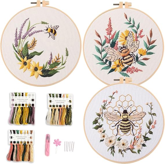 Myfelicity Bee and Floral Embroidery Kit, 3 Decorative Hoop Art Designs with Honeycomb and Garden Patterns, DIY Needlework Set (Bees)