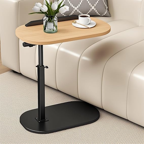 C Table End Table, Adjustable Height Skinny Side Tables, 360 Degree Swivel TV Tray Tables, Night Stand with 2-Tier Storage Shelf, Reversible Couch Tables Drink Desk,Snack Desk Wooden Color