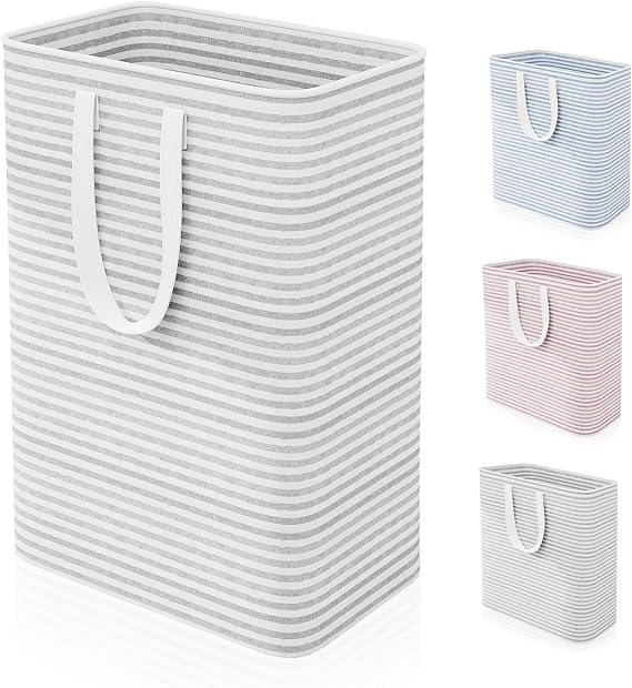 Caroeas 80L Laundry Bin, Collapsible Laundry Basket for Easy Storage, Freestanding Washing Baskets for Dirty Clothes with Reinforced Long Handles, Waterproof Slim Laundry Hamper for Baby, Grey