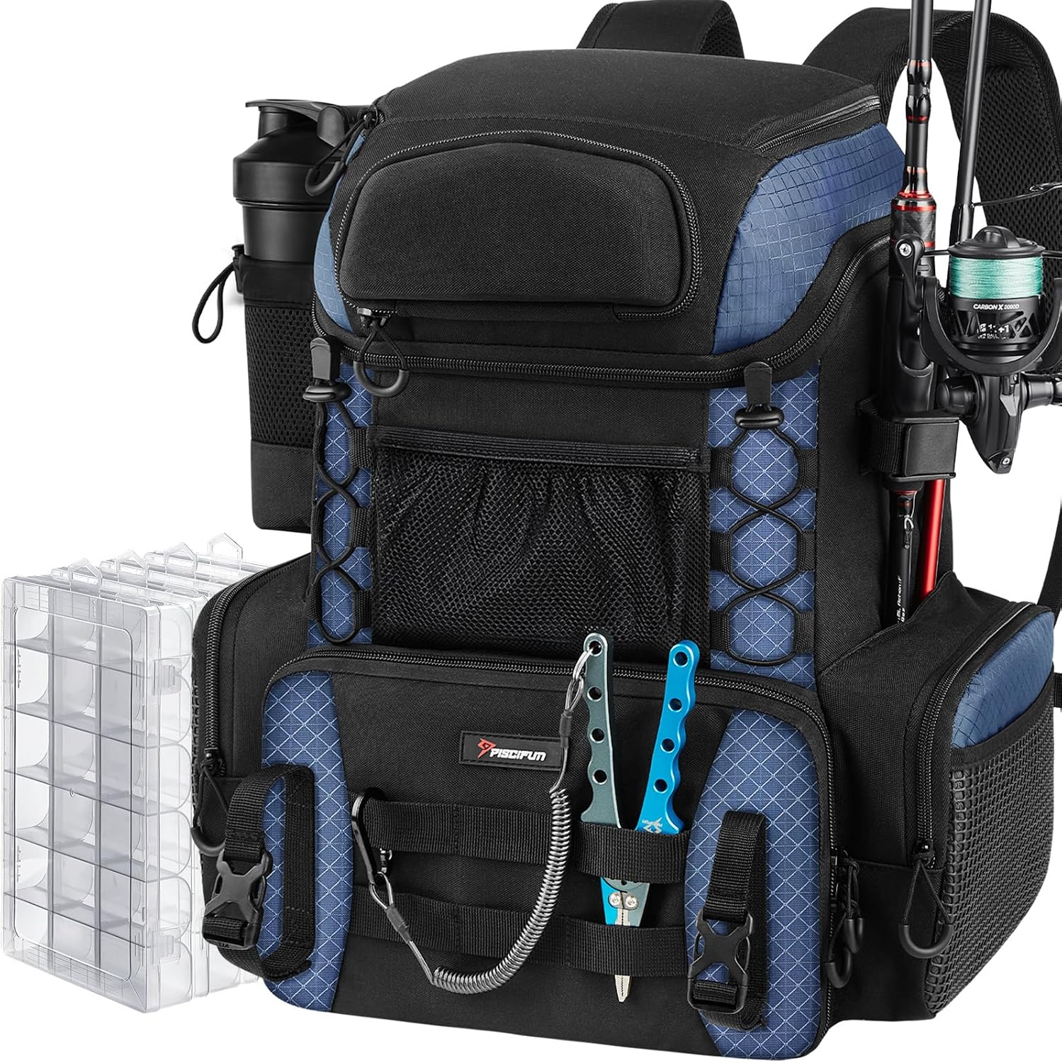 Piscifun Fishing Tackle Backpack with 4 Tackle Boxes, Rod Holders, Waterproof Rain Cover, Bottle Holder, 27L Large Storage Waterproof Fishing Tackle Bag for Fishing Gear, Camping, Black, Backpack