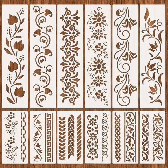 12 Sheets Border Flower Stencils for Furniture Painting | Wall Stencils for Painting | Vintage Lace Stencil for Elegant Home Decor