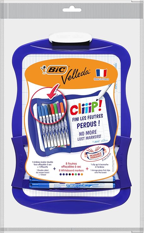 BIC 967444 Velleda Cliiip Set Beyaz Tahta (21 x 31 cm) Silecek; 8 Silinebilir Marker -10'lu Set, Çeşitli Renklerde