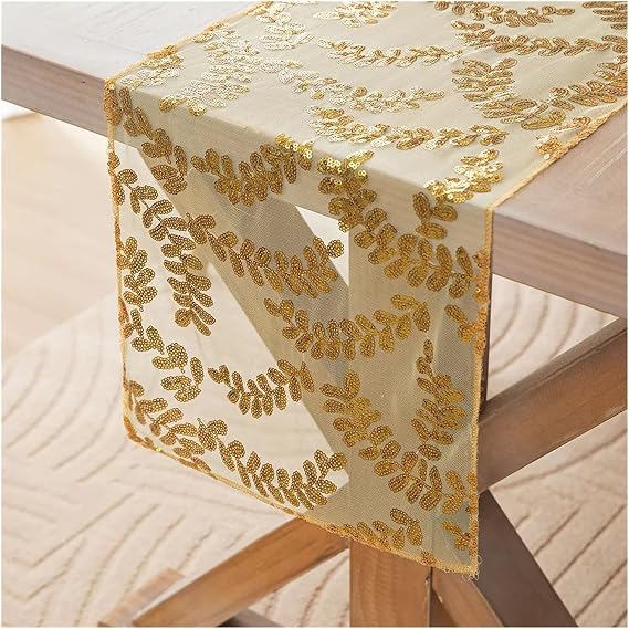 Sequin Table Runner Table Runner Leaf Sequin Embroidered Table Flag Holiday Banquet Decoration Table Cover Flag Rectangular Coffee Tea Table Cloth(Gold)