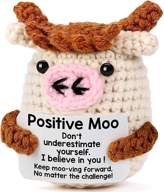 Positive Moo Birthday Gift for Women Men - Handmade Crochet Cow