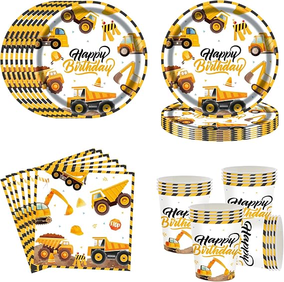 60 Piece Construction Party Dinnerware Set, Excavator Birthday Dinnerware for 20 People, Paper Plates, Cups, Paper Towels, Children's Birthday Decorations