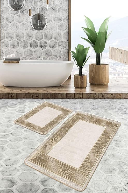 RealHomes Real Homes 2'li Set Krem - Gold Zeminde Çerçeveli Motifli Altın Avangarde Geometrik 2'li Banyo Paspas Takımı
