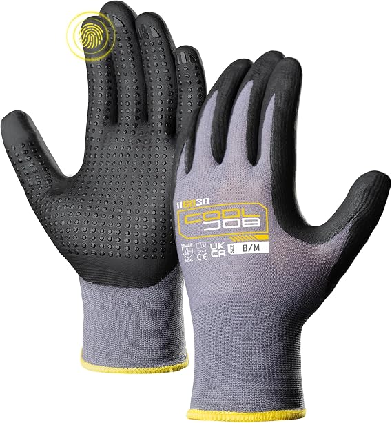 COOLJOB 3 Pairs Nitrile Rubber Work Gloves with Grip Dots, Gardening Gloves with 2 Fingers Touchscreen, Non-slip Coated for Warehouse, Home Improvement, Yard, Grey, Medium