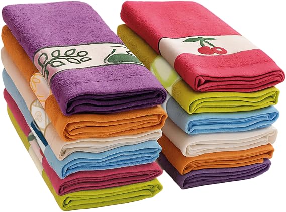 briebe Home 12 Terry Kitchen Towels, 100% Cotton, 50 x 50 cm, Made in Portugal, Multicolor with Embroidered Design, Set of Soft Rags