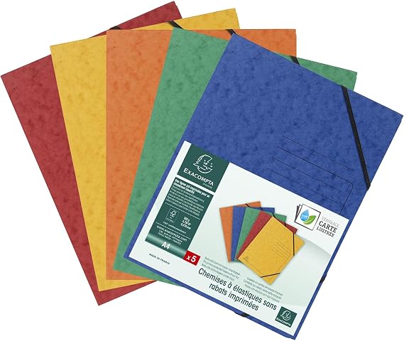 Exacompta - Ref 555410E - Elasticated Folder - 240 x 320mm in Size, Suitable for Holding A4 Documents, 355gsm Mottled Pressboard, Elasticated Straps - Assorted Colours (Pack of 5)
